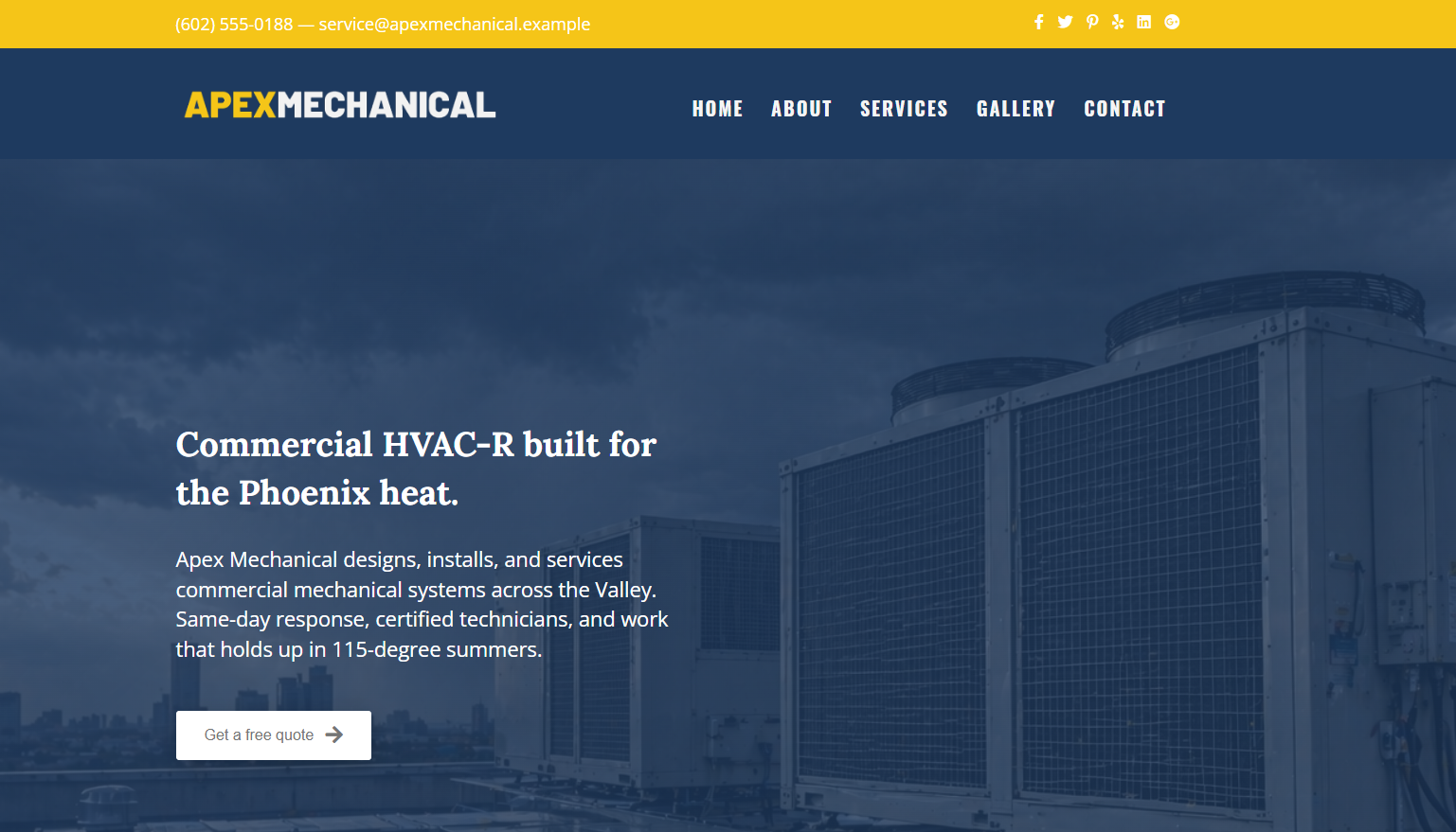 The Classic contractor website template with navy and yellow palette and serif hero for commercial HVAC and mechanical trades