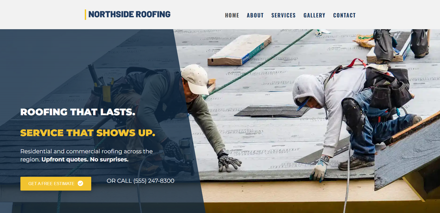 The Modern contractor website template with diagonal split hero and yellow accent for roofing and exterior trades