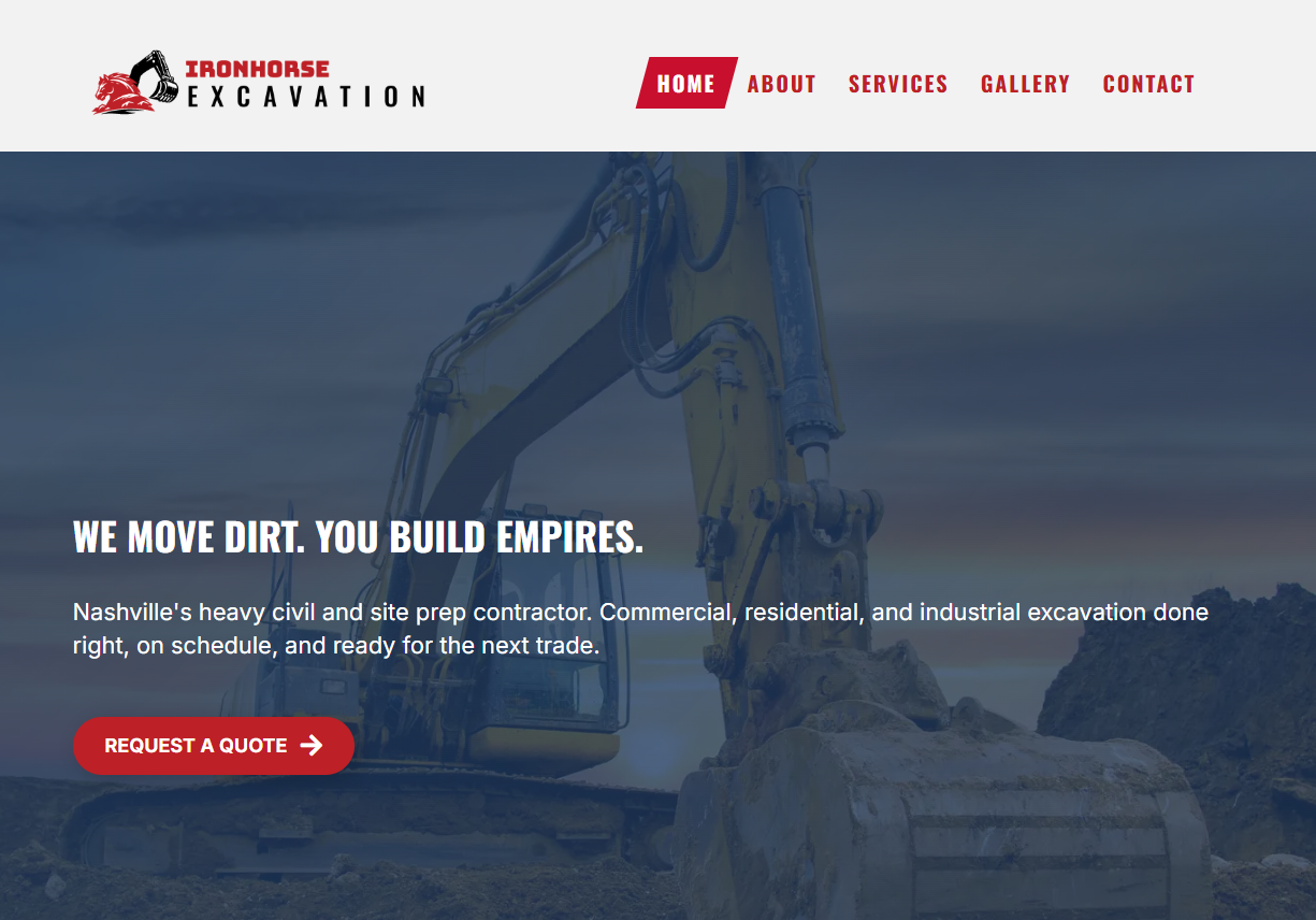 The Bold contractor website template with red and black palette and parallelogram nav for excavation and heavy trades