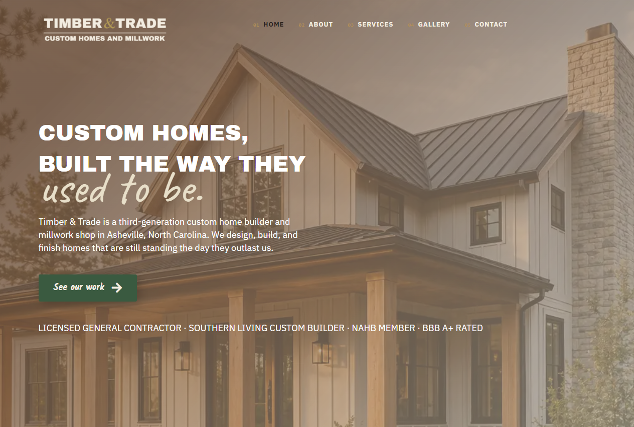 The Craftsman contractor website template with workshop green and brass palette for custom builders and heritage trades