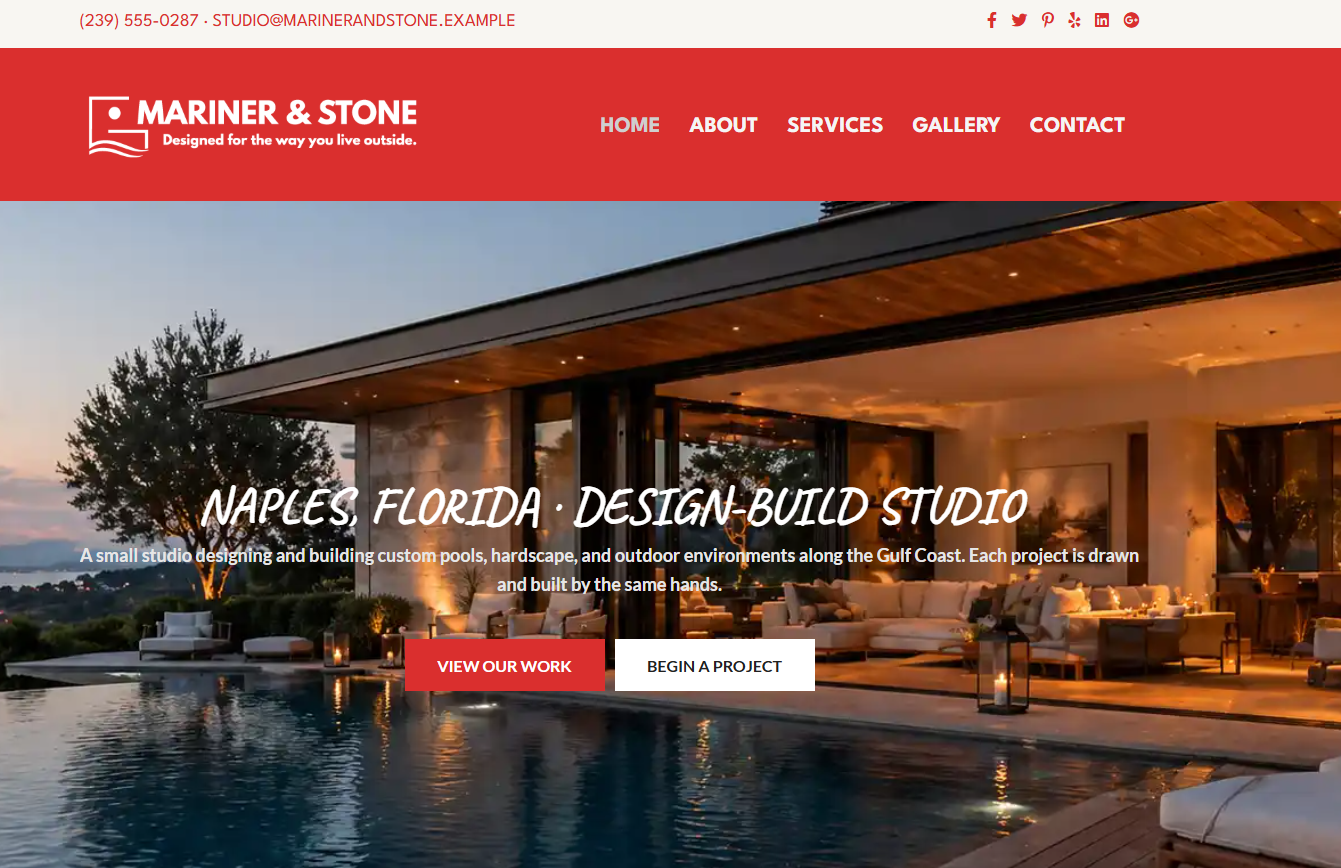 The Showcase contractor website template with editorial layout for pool and outdoor living design-build studios